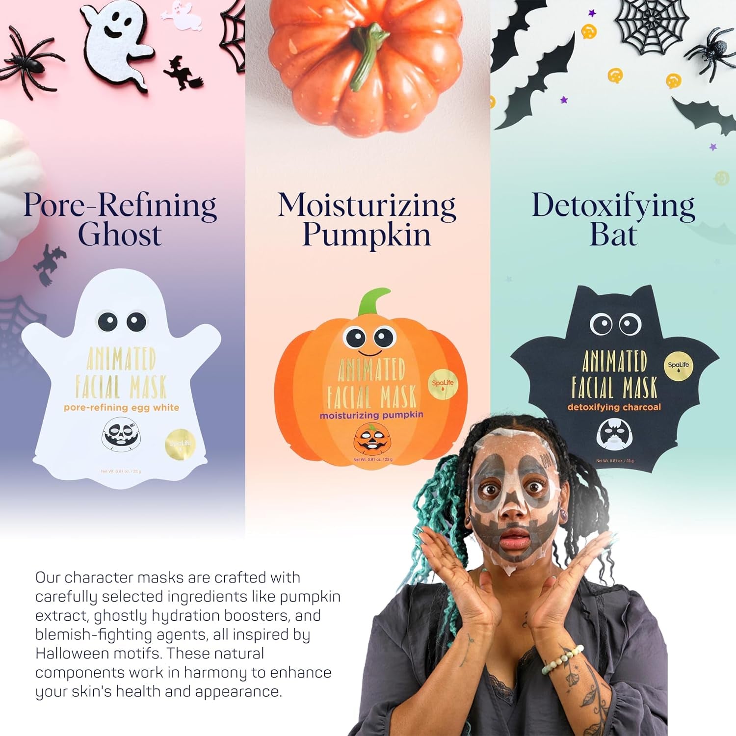 Facial Mask Sheet Bundle - Pumpkin, Ghost, Bat - Halloween Character Mask Bundle - Face Masks for Skin Care - Moisturizing Sheet Face Masks - Skincare Pack for Women - Spa Beauty Masks