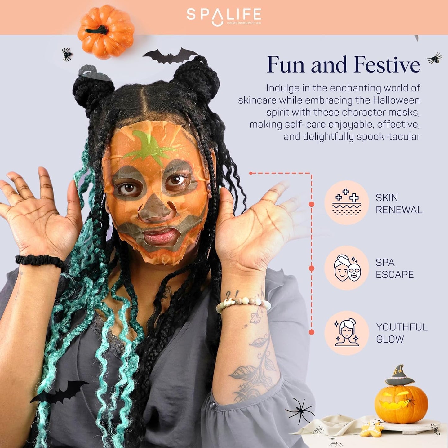 Facial Mask Sheet Bundle - Pumpkin, Ghost, Bat - Halloween Character Mask Bundle - Face Masks for Skin Care - Moisturizing Sheet Face Masks - Skincare Pack for Women - Spa Beauty Masks
